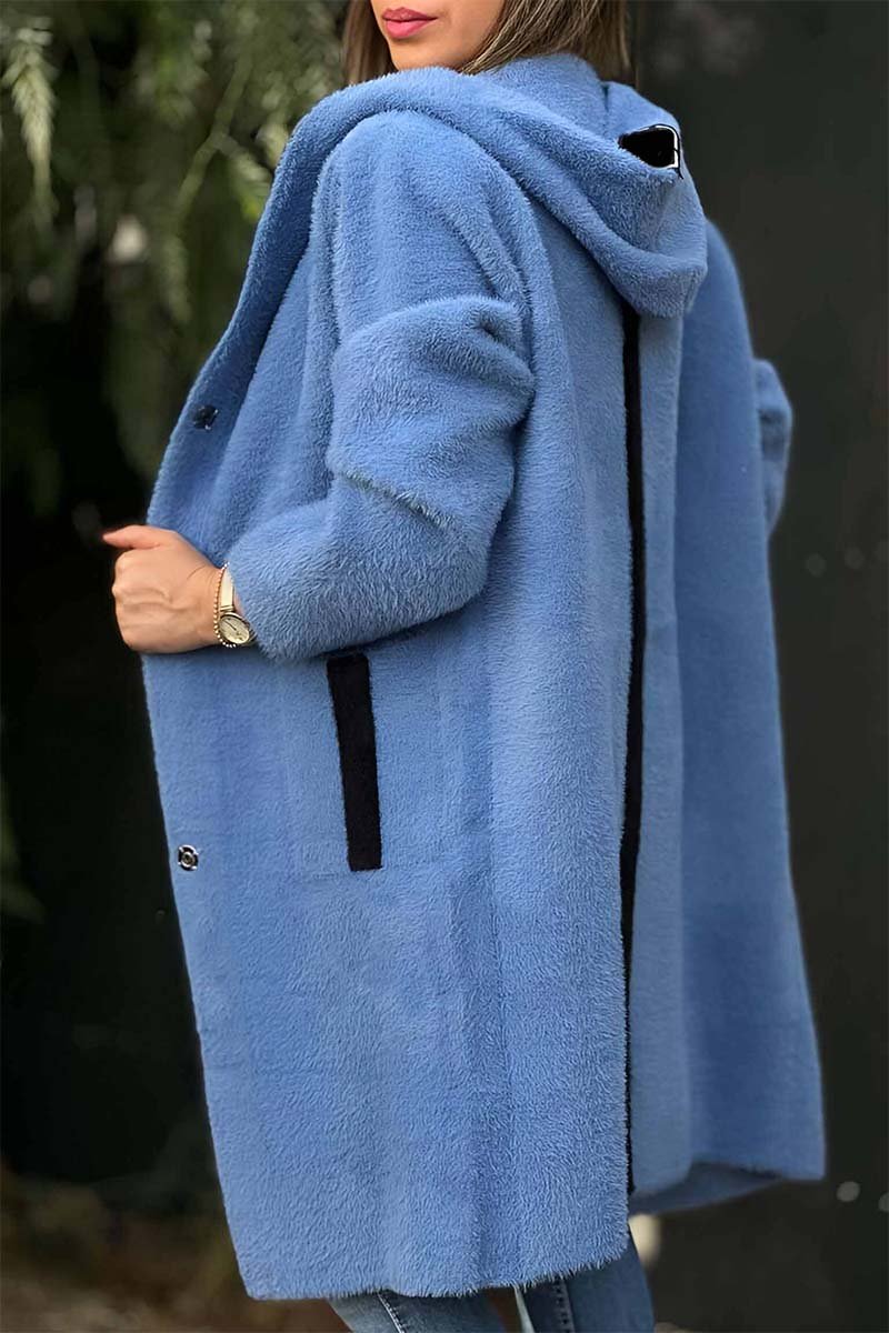 Women's Casual Loose Solid Color Hooded Coat Blue