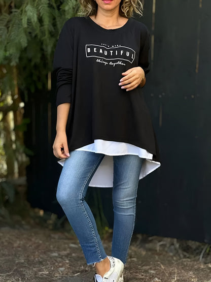 Letter Print Fake Two Piece Long Sleeve T-shirt Black