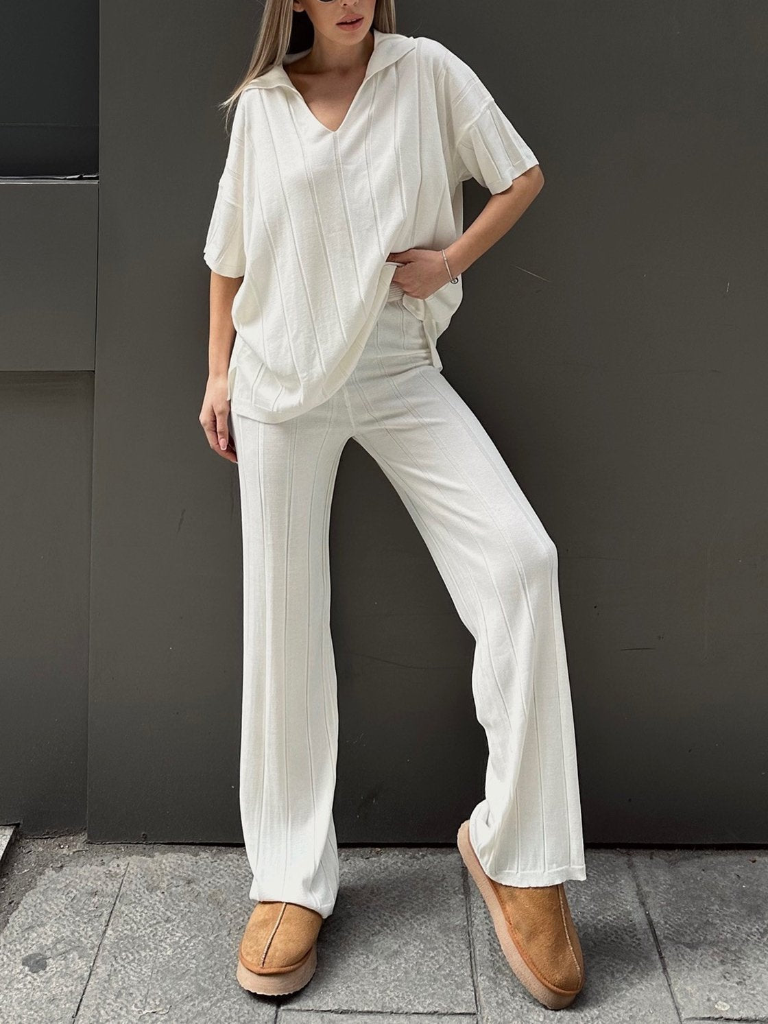 Women's Casual Sports Solid Color Pants Suit White