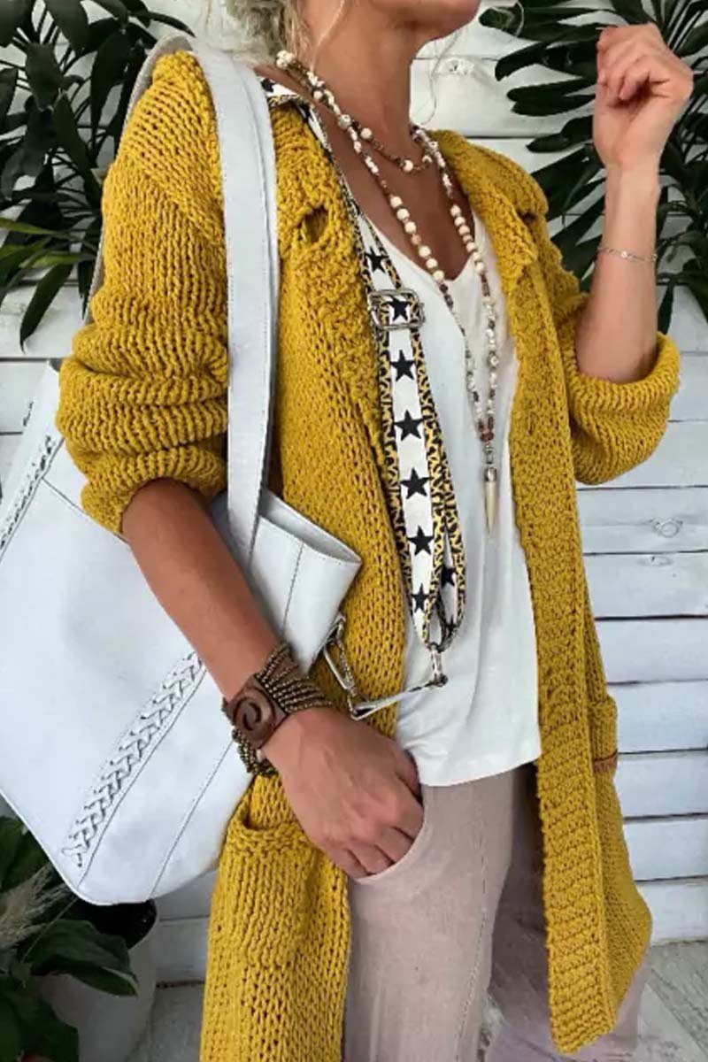 Women's Casual Solid Color Lapel Thick Thread Sweater Knitted Cardigan