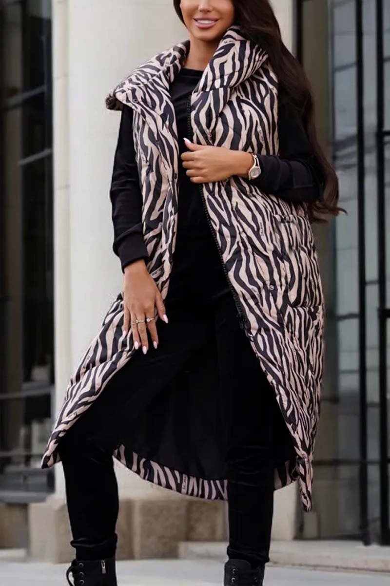 Women's Fashion Hooded Animal Print Mid-Length Sleeveless Cotton Coat Khaki Zebra Print