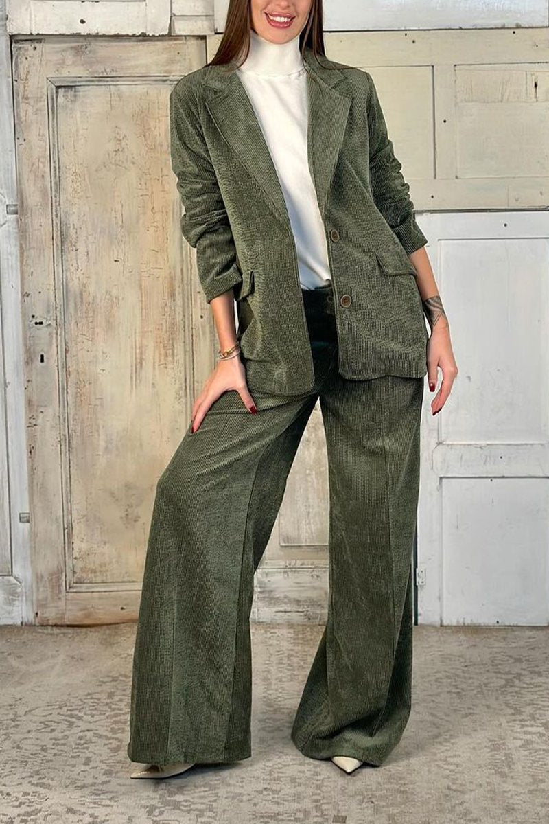 Women's Casual Lapel Corduroy Two-piece Suit green