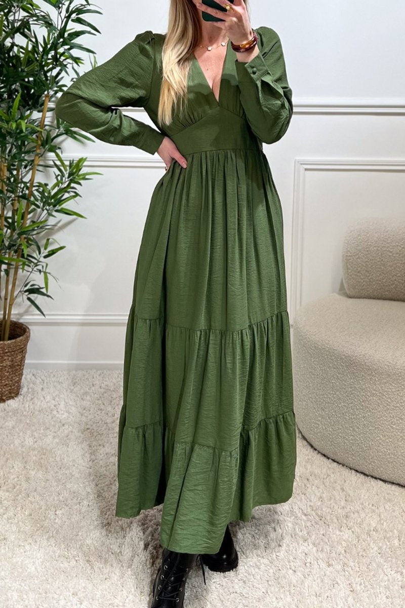 Women's Casual Solid V-Neck Long Sleeve Dress green