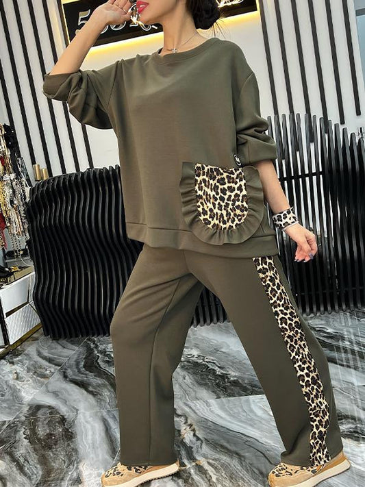 Women's Round Neck Long Sleeve Leopard Print Patchwork Pullover Sweatshirt Suit green