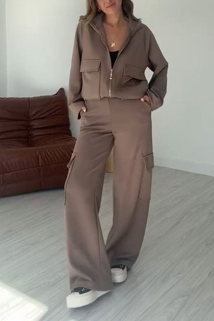 Women's Casual Solid Color Pocket Two Piece Set brown