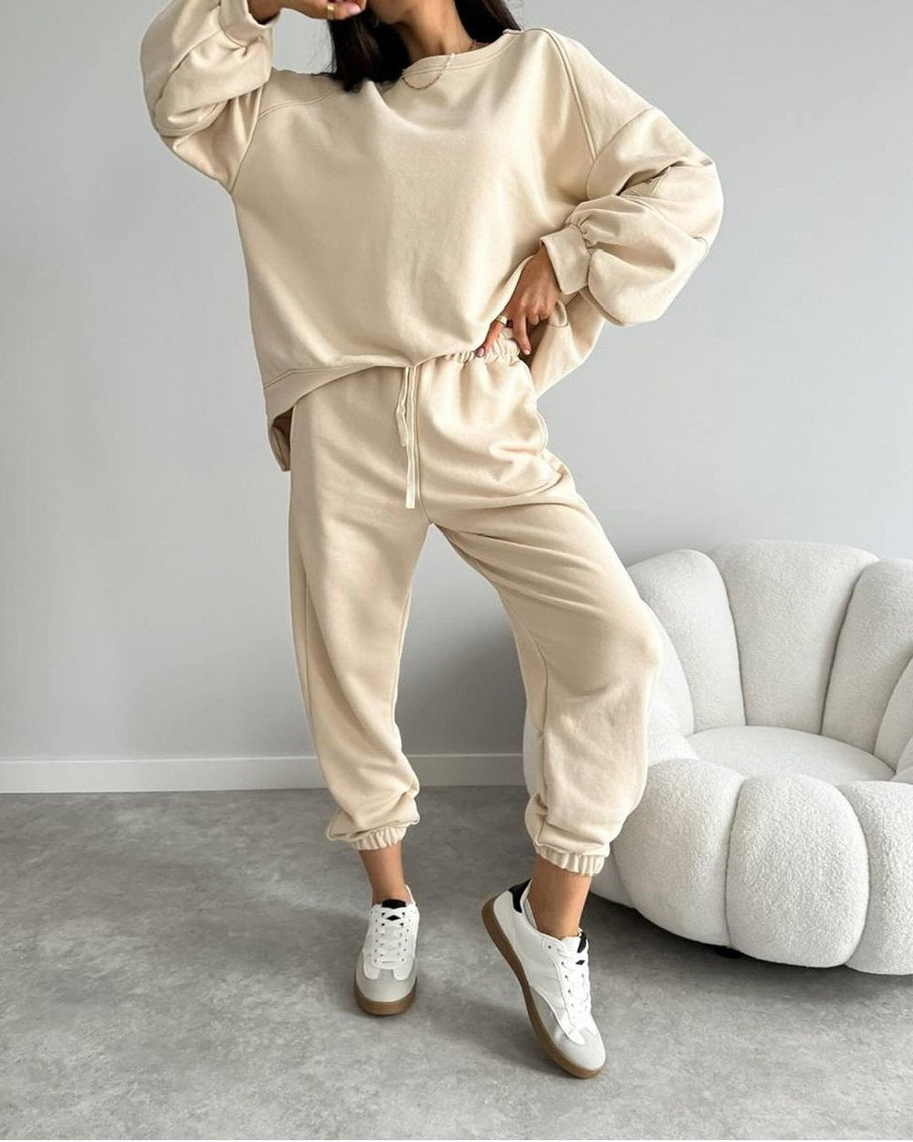 Women's Two-piece Solid Color Loose Sweatshirt Suit Apricot