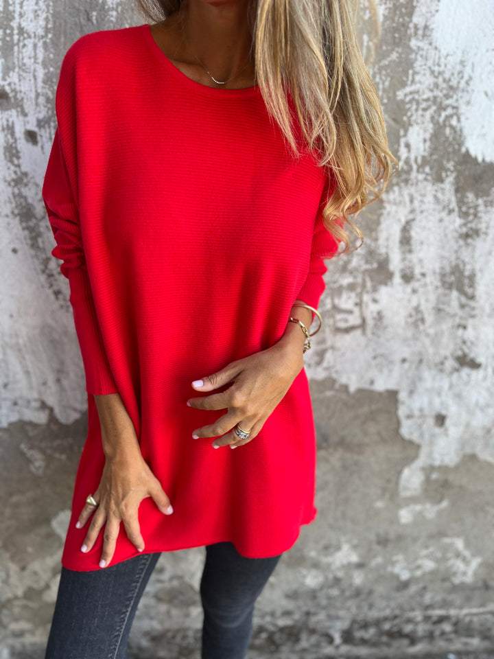 Round Neck Long Sleeve Knitted Top red