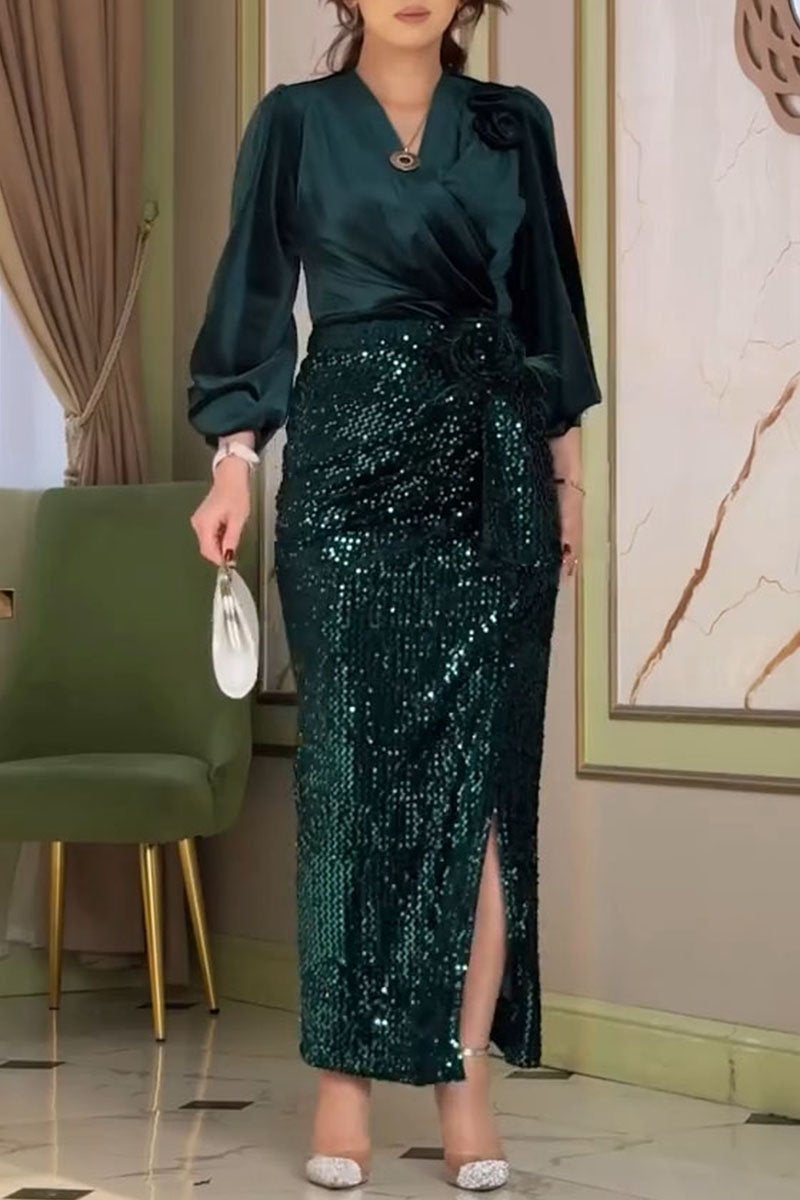 Women's V-neck Long-sleeved Top and Sequined Skirt Two-piece Set green