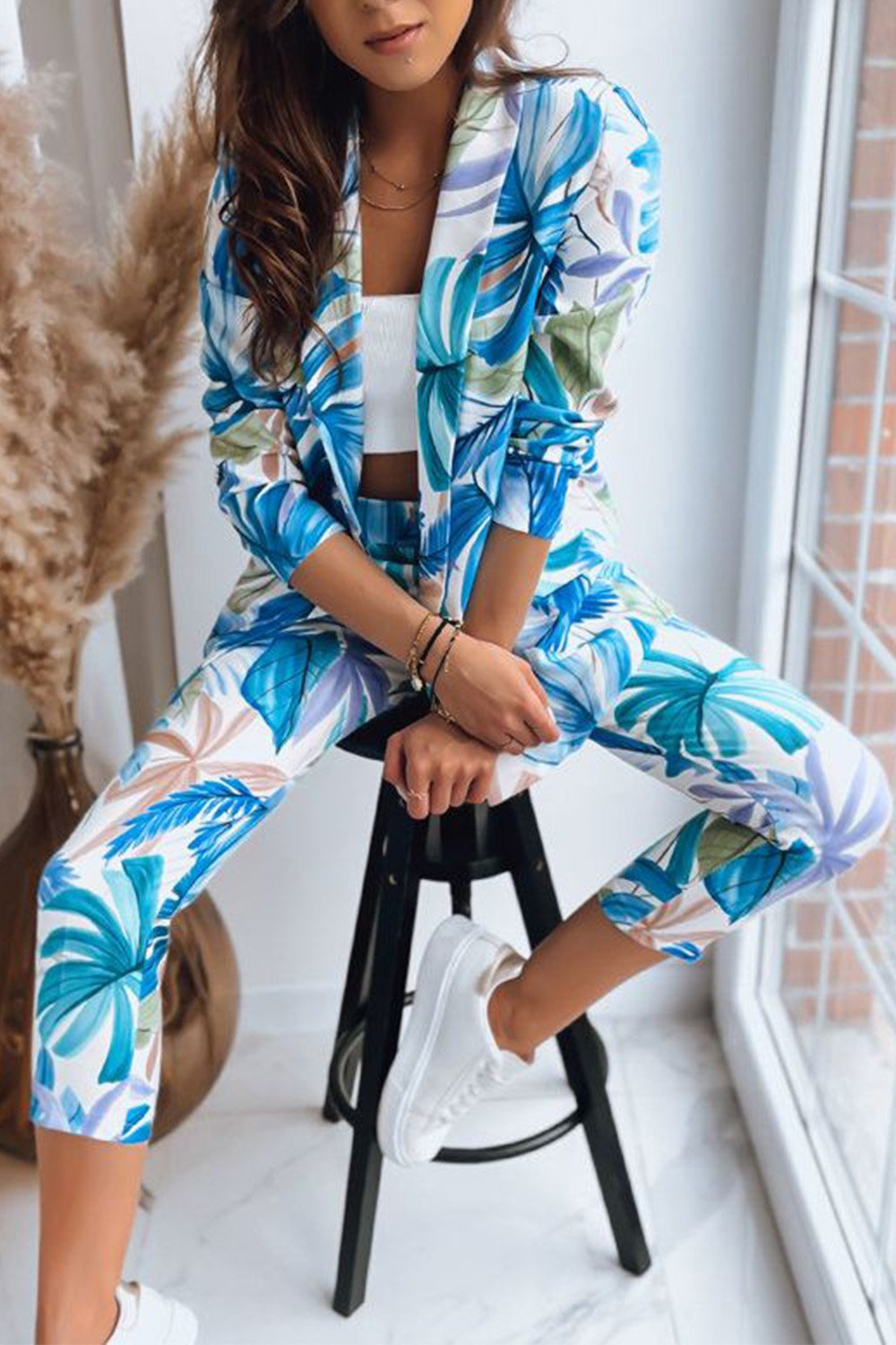 Women's Printed Blazer and Pants Two-piece Set Bule