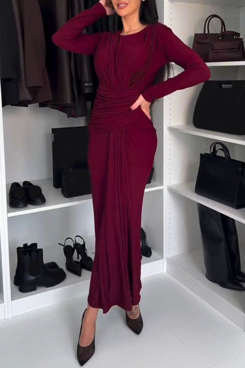 Women's Round Neck Long Sleeve Waist Dress red