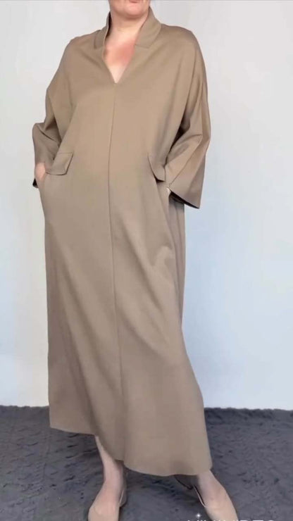 Women's Casual Solid Color Casual Long Sleeve Dress khaki