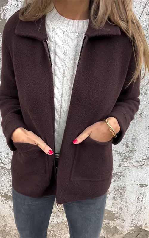 Women's Lapel Solid Color Zipper Jacket brown