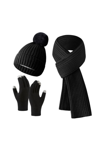 Knitted Hat, Double-layer Fleece Warm Wool Scarf, Gloves, Three-piece Set black-A One size