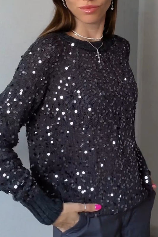 Women's round neck loose fashion sequined woolen top Black