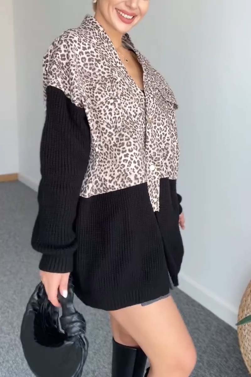 Women's leopard print patchwork cardigan