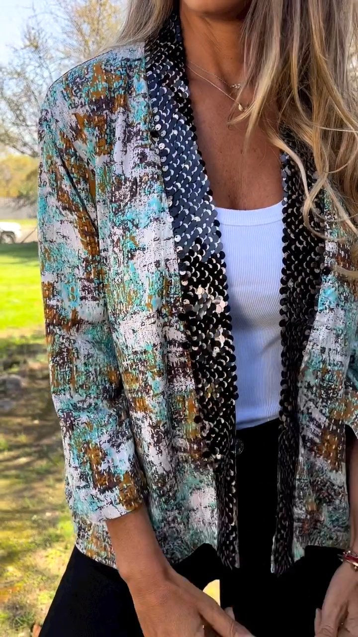 Sequin Patchwork Printed Cardigan green