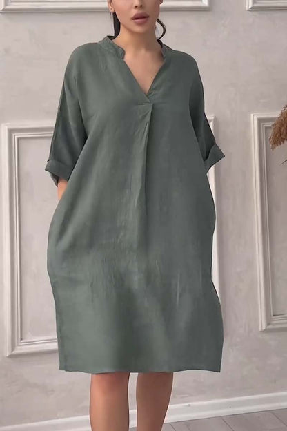 Casual cotton and linen V-neck dress Dark green