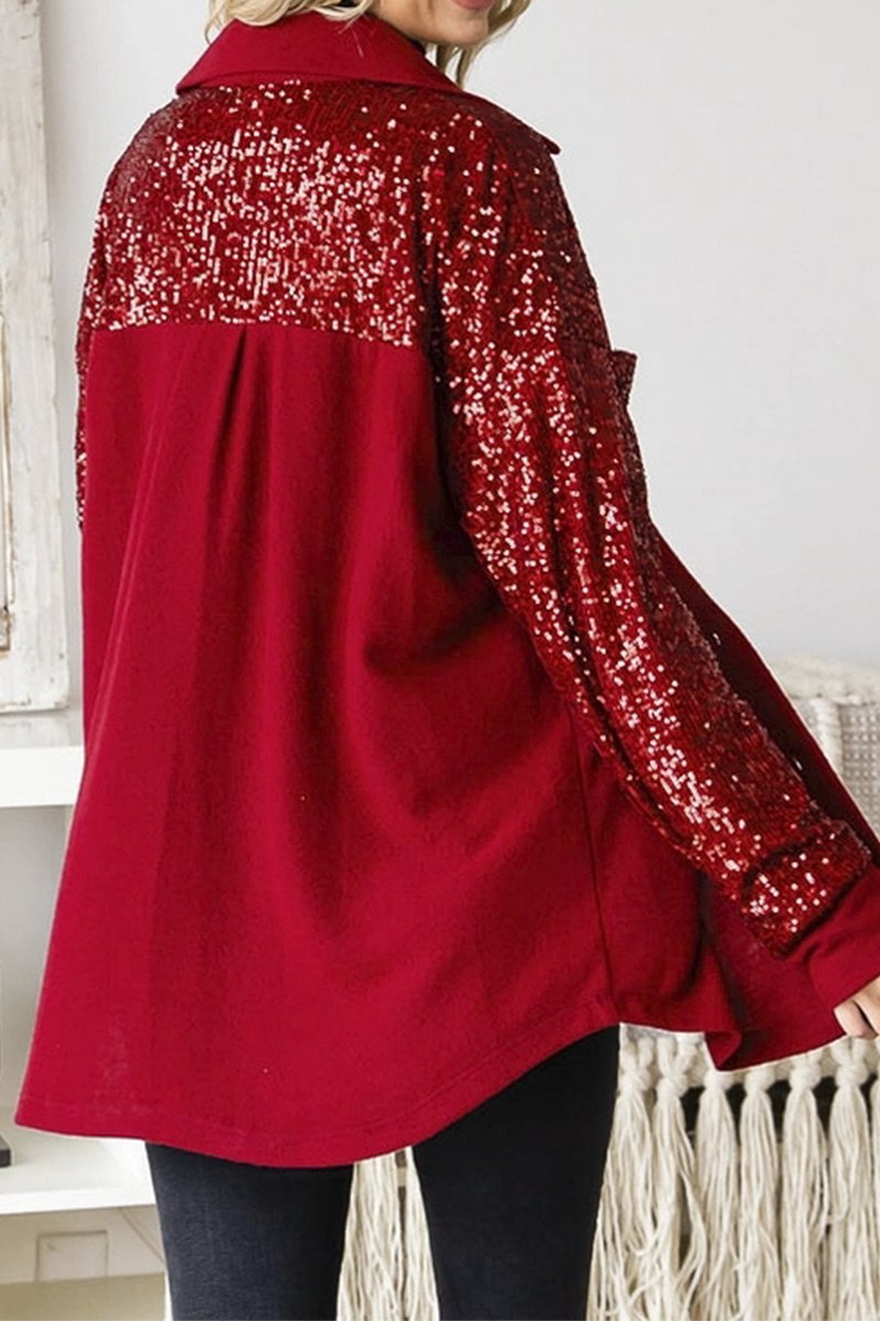 Women's Casual Solid Color Sequined Patchwork Shirt