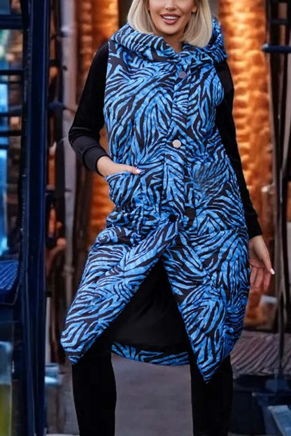 Women's Fashion Hooded Animal Print Mid-Length Sleeveless Cotton Coat Blue Zebra Print