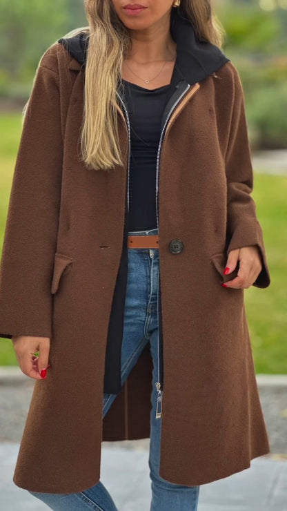 Women's Hooded Long Sleeve Contrast Color Long Coat brown