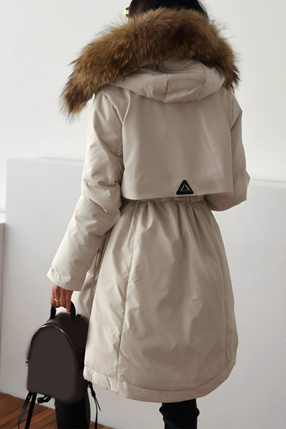 Women's Casual Hooded Fur Hat Mid-length Thick Coat apricot