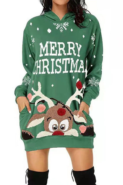 Women's Casual Christmas Printed Long Sleeve Hooded Dress green