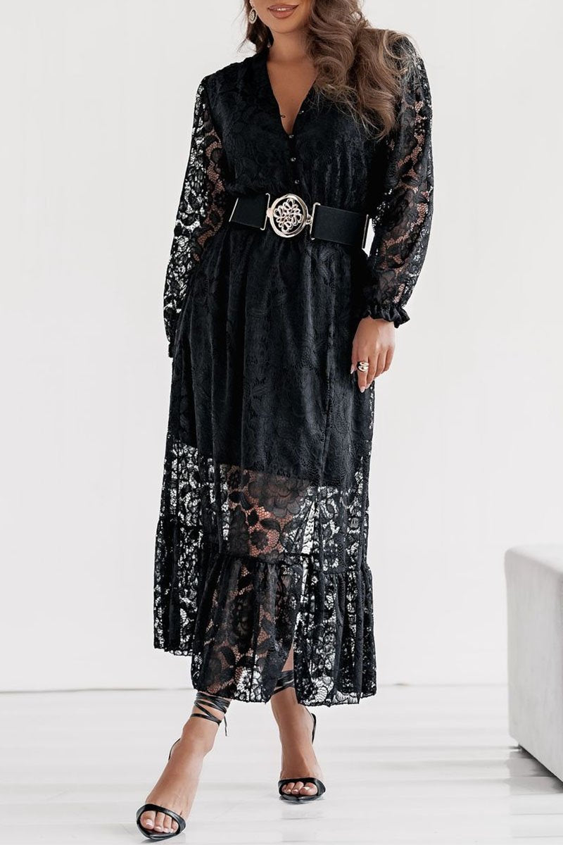 Women's V-neck Hollow Lace Dress black