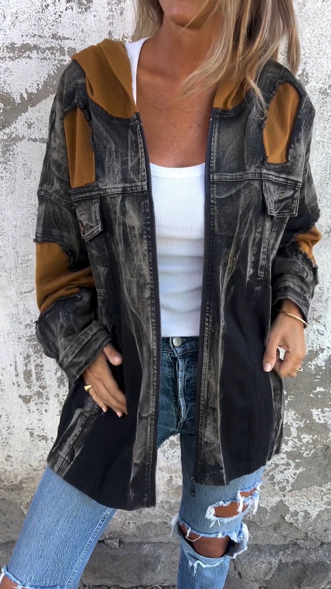 Hooded Zipped Denim Jacket brown