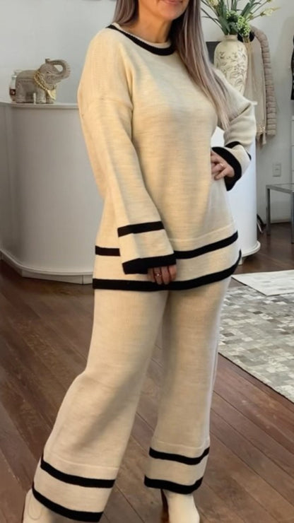 Women's Casual Loose Contrast Color Knitted Pants Suit