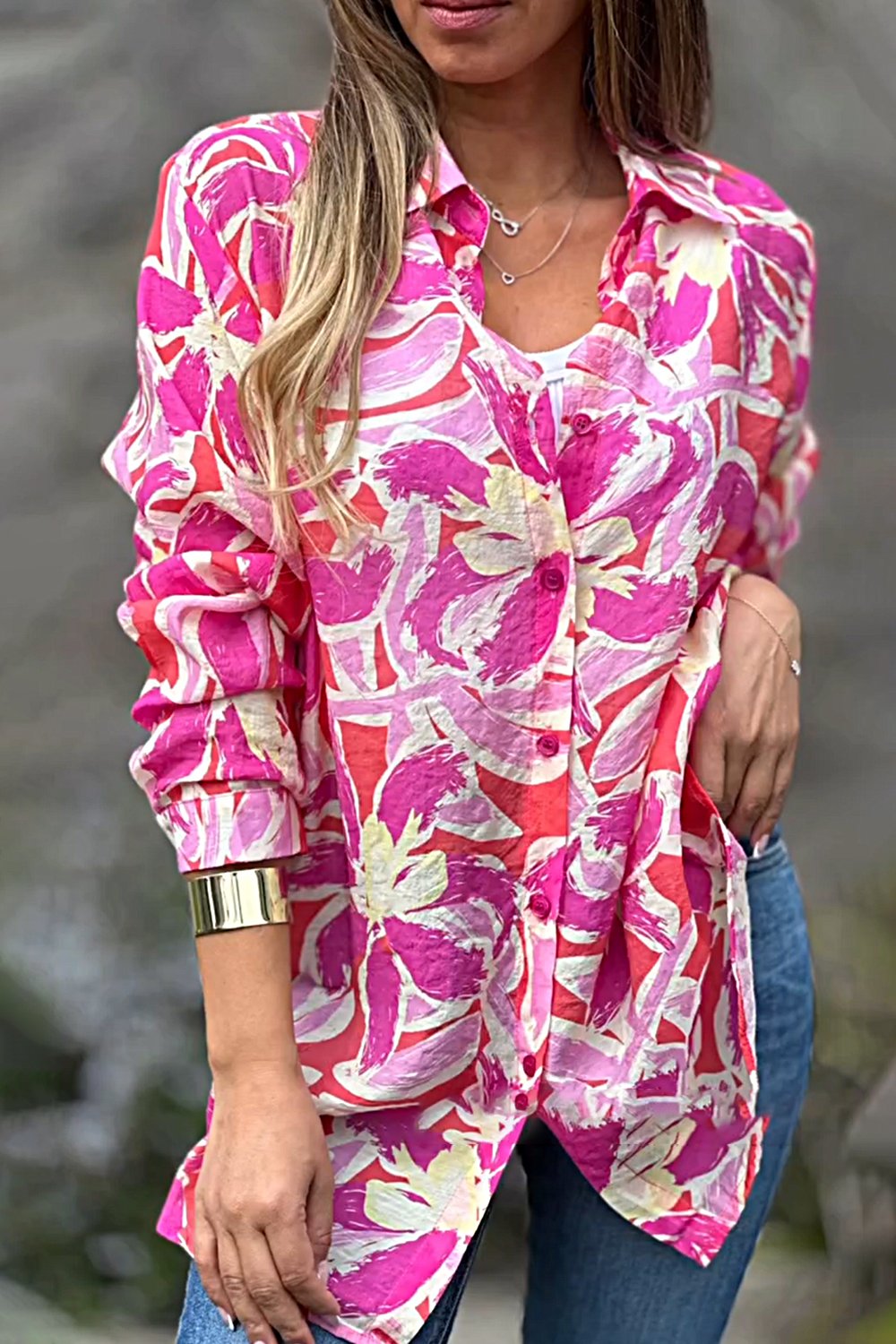 Women's Fashion Floral Pattern Shirt Tops Pink