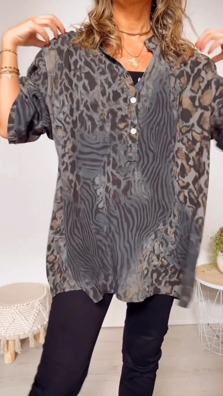 Women's V-neck Leopard Print Mid-sleeve Casual Top Gray