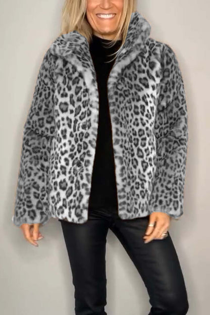 Women's Fashionable Leopard Print Lapel Faux Fur Winter Short Coat Gray