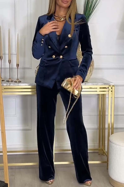 Women's Fashion Double Breasted Velvet Two Piece Suit Dark Blue