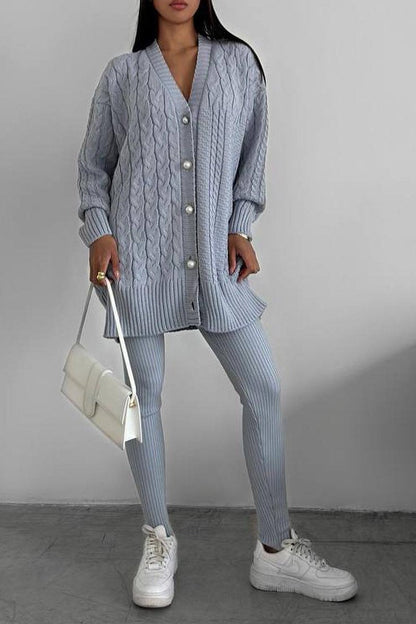 Women's V-neck Long-sleeved Sweater Casual Suit gray