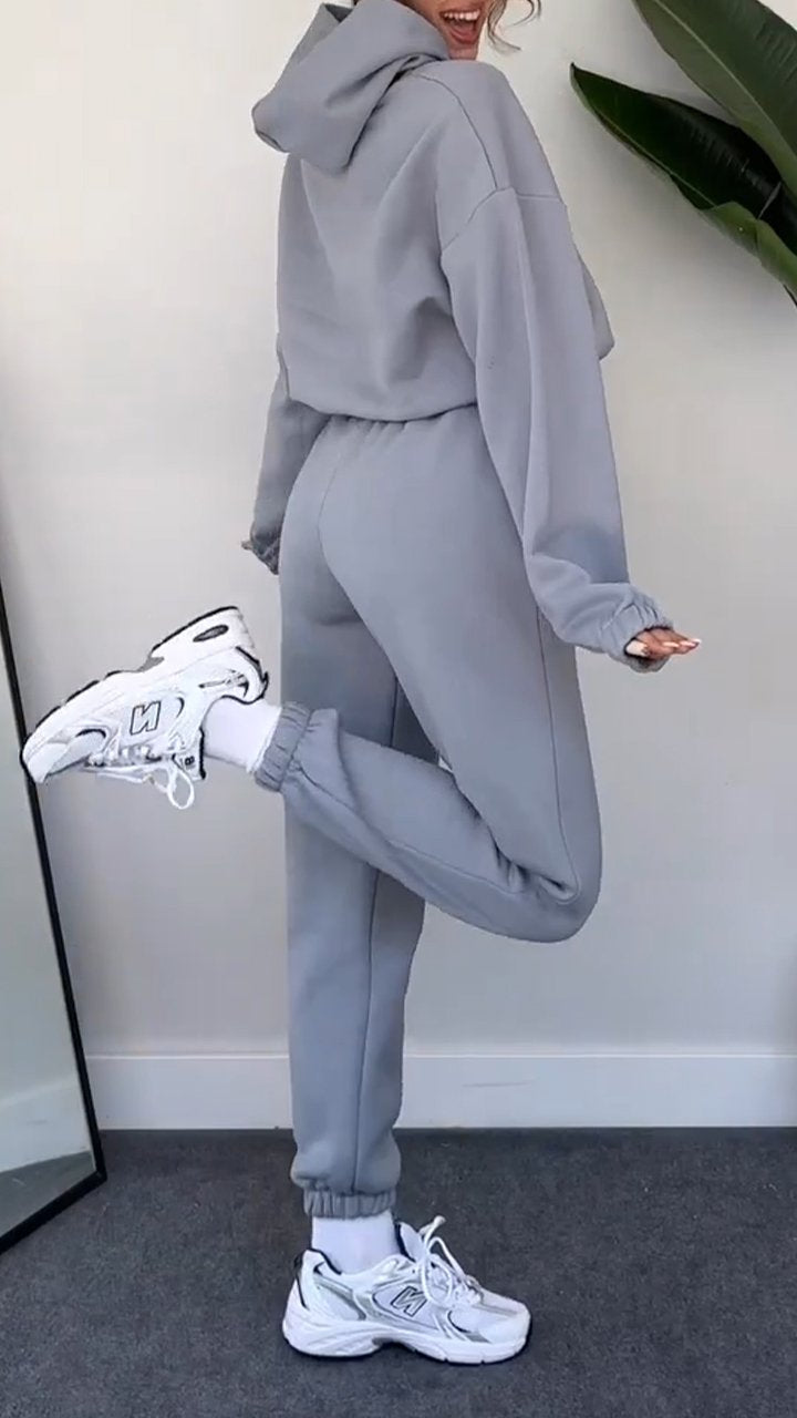 Hooded Casual Two-piece Suit gray