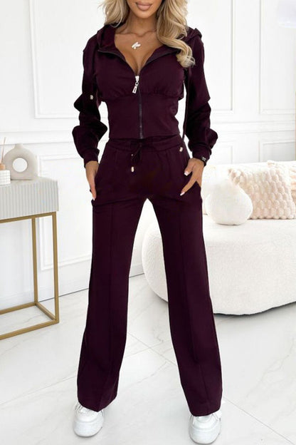 Women's Hooded Long-sleeved Casual Waist-hugging Suit burgundy