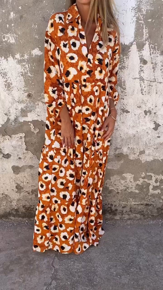 Lapel Leopard Print Long Sleeve Casual Dress Orange