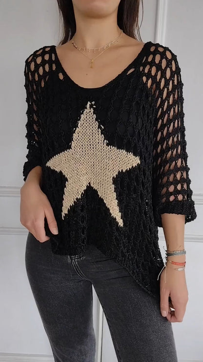 Women's V-neck Sleeve Knitted Star Print Blouse 2-piece Set black