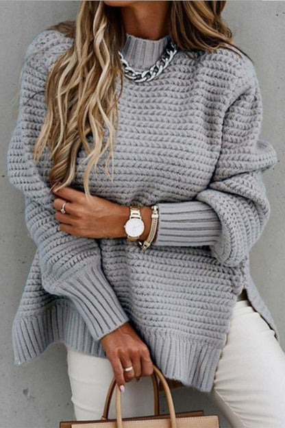 Women's Half-high Collar Solid Color Side-slit Knitted Sweater gray