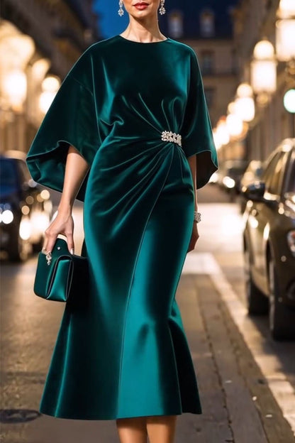 Women's Solid Color Round Neck Waist Dress green