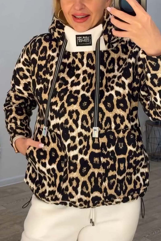 Women's casual leopard print hooded sweatshirt Khaki