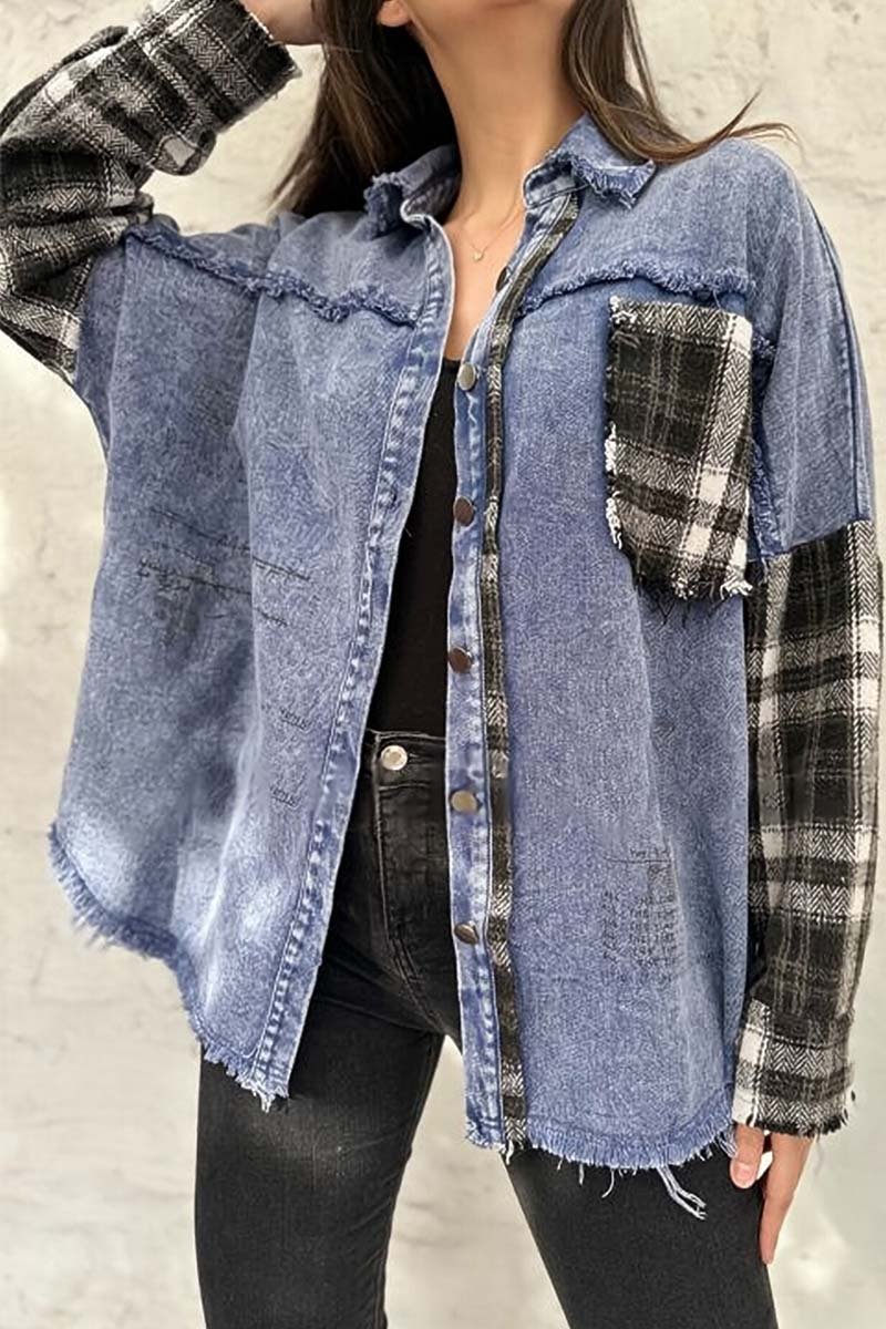 Women's casual plaid patchwork denim jacket