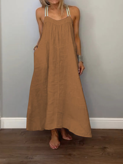 Solid Cotton and Linen Slip Dress Brown