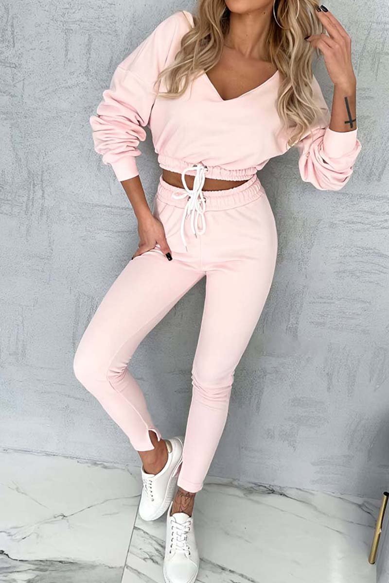 Women's Casual Drawstring Cropped Sweatshirt Set Light Pink