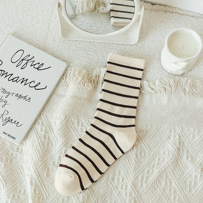 Socks women's autumn and winter new combed cotton striped high socks white one size