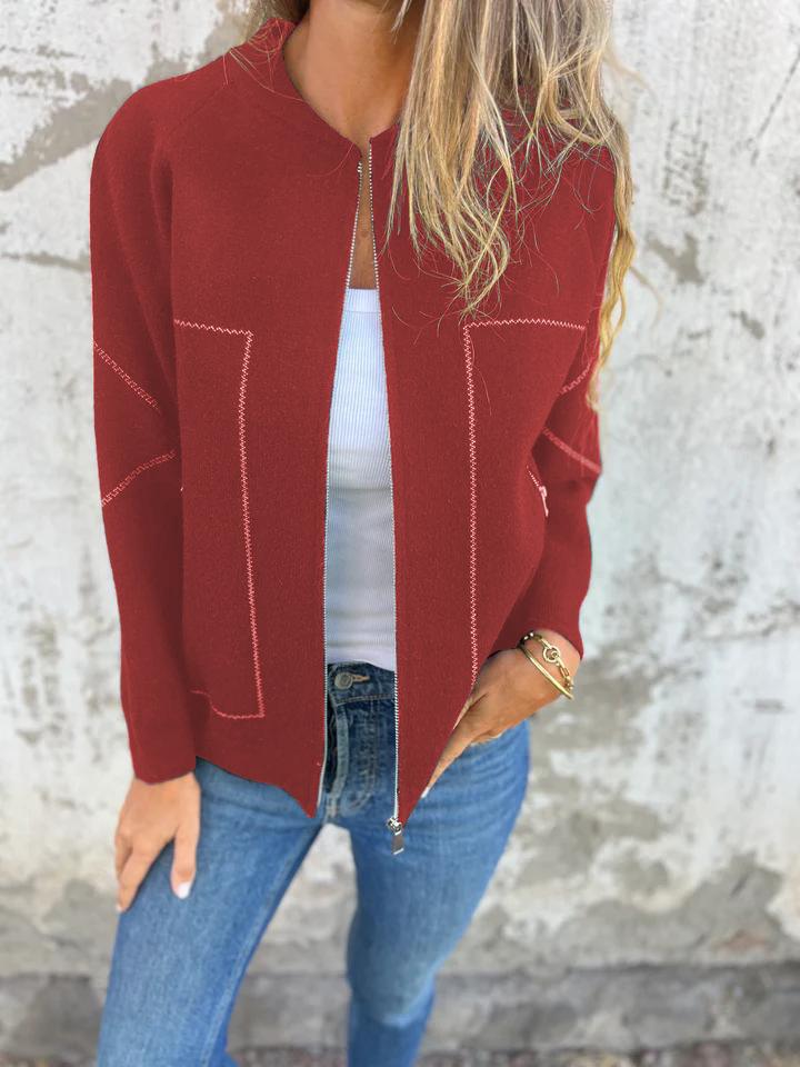 Casual Round Neck Zipper Thin Jacket red