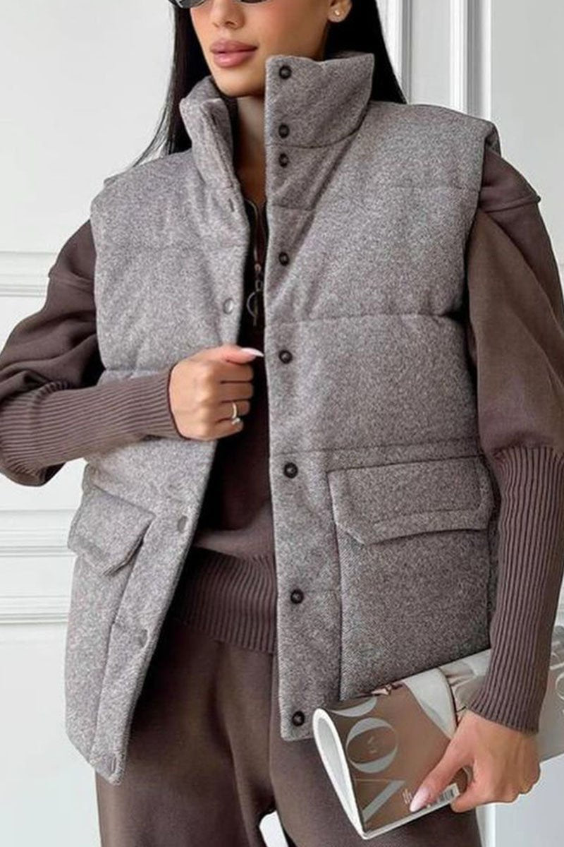 Casual Solid Color Sleeveless Pocket Jacket grey