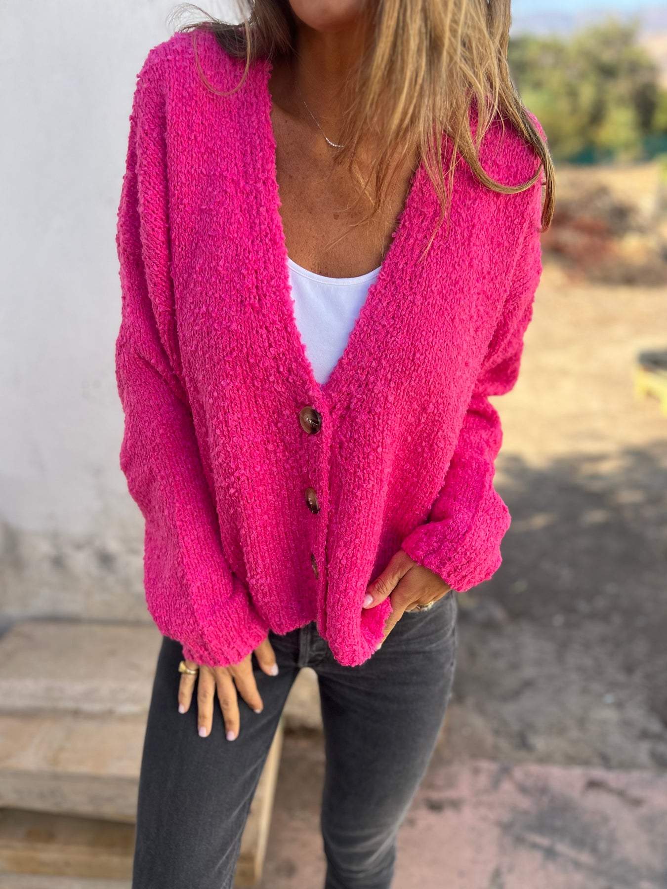 Women's Autumn V-neck Long-sleeved Casual Knitted Cardigan rose