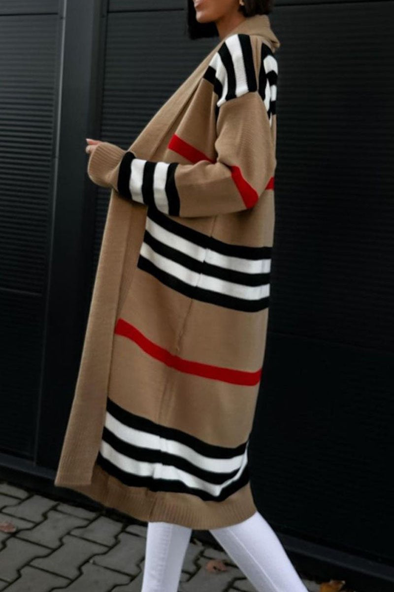 Casual Striped Long Sleeve Sweater Coat khaki