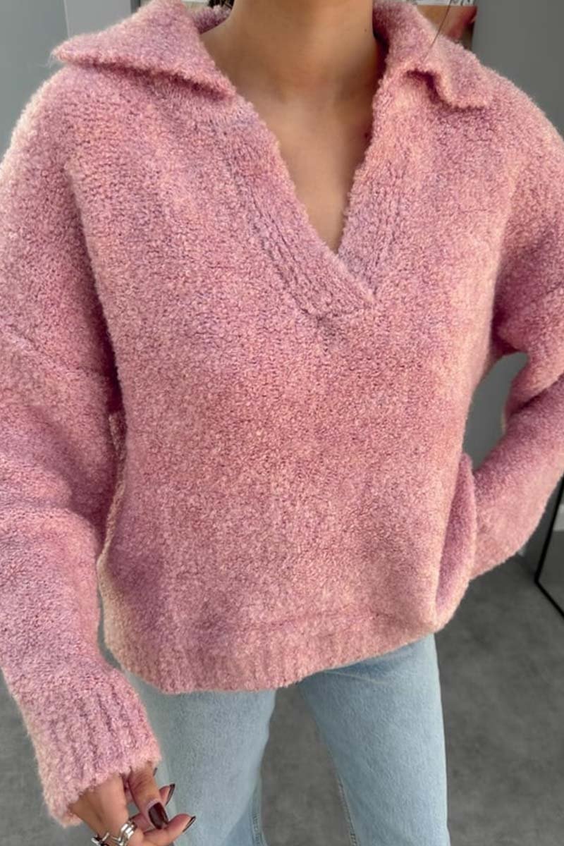 Women's Solid color lapel long sleeve sweater